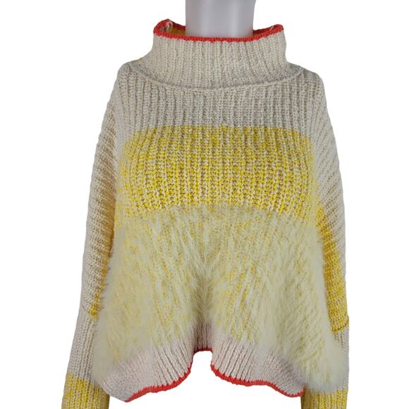 Free People Yellow White Orange Heavy Knit Winter Warm Sweater XL - Picture 2 of 6